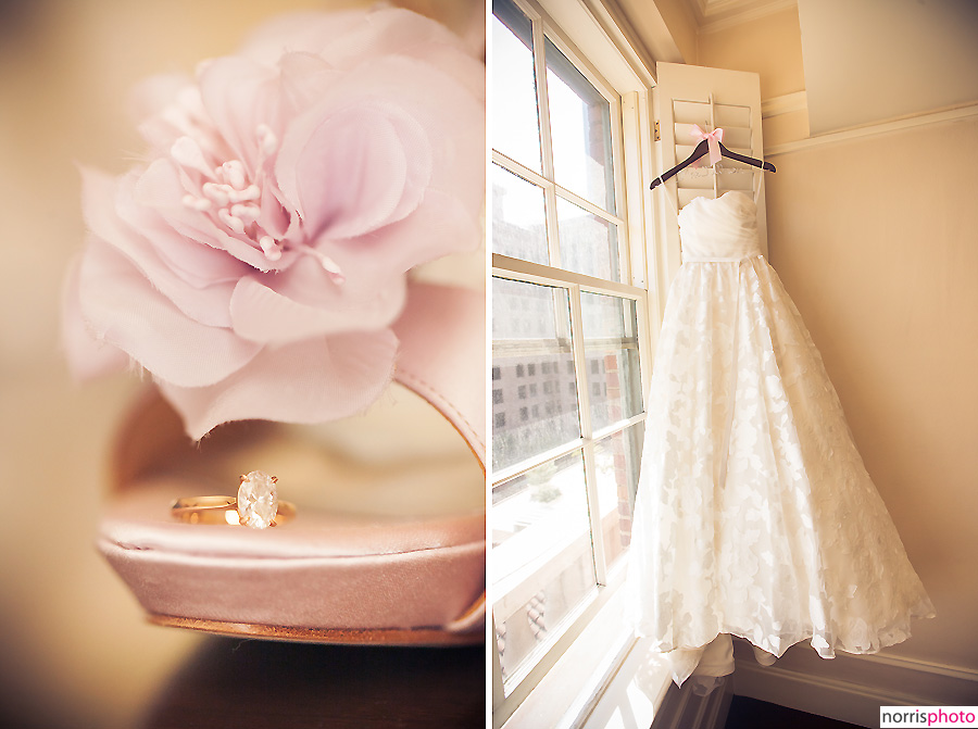 wedding dress and shoes with flower petals