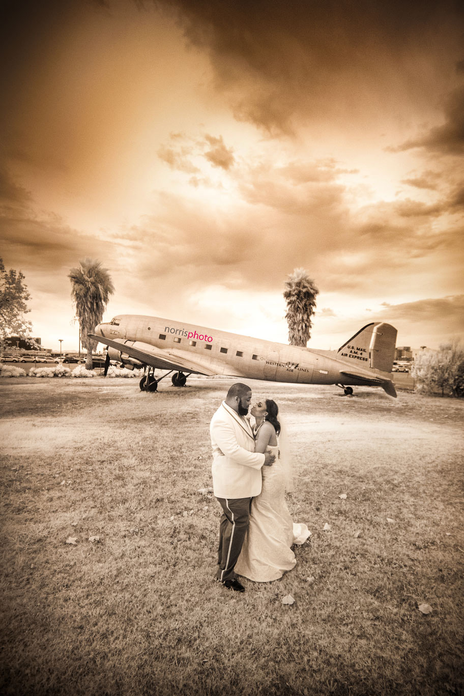 infrared-wedding-photography-african-american-bride-with-old-plane
